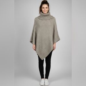 Asymmetric Knit Poncho Cape with Turtleneck - Oatmeal Beige -37" Length One Size
